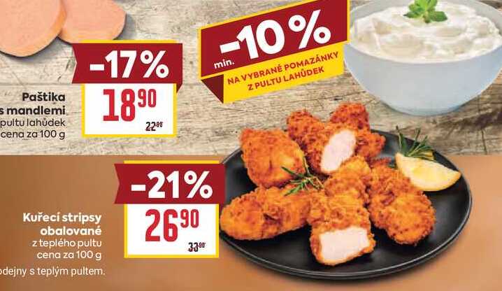 Kuřecí stripsy obalované z teplého pultu cena za 100 g 