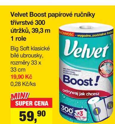 Velvet Boost papírové ručníky třívrstvé 300 útržků, 39,3 m