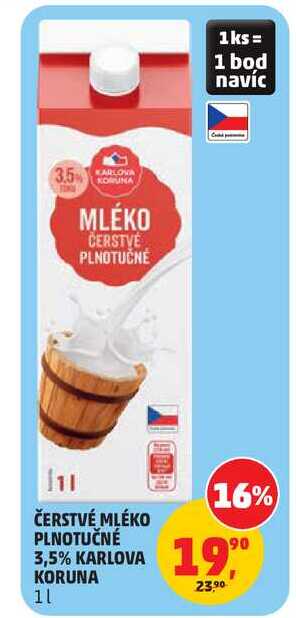 ČERSTVÉ MLÉKO PLNOTUČNÉ 3,5% KARLOVA KORUNA, 1 l