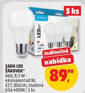 SADA LED ŽÁROVEK, A60,8,5W- ekvivalent 60 W, E27, 806 lm, studená bílá 4000K, 1 ks