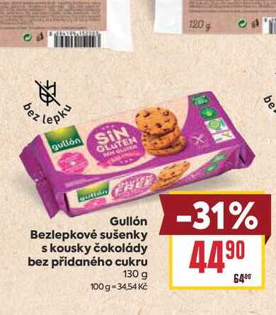 Gullón Bezlepkové sušenky s kousky čokolády bez přidaného cukru 130 g 