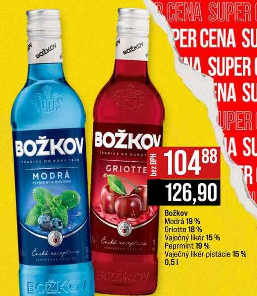 Božkov Modrá 19% Griotte 18% Vaječný likér 15 % Peprmint 19% 0,5l