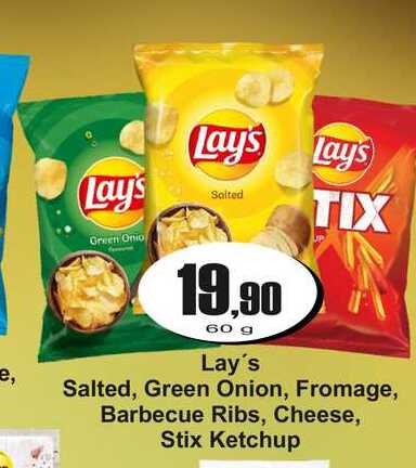 Lay's Salted, Green Onion, Fromage, Barbecue Ribs, Cheese, Stix Ketchup 60 g