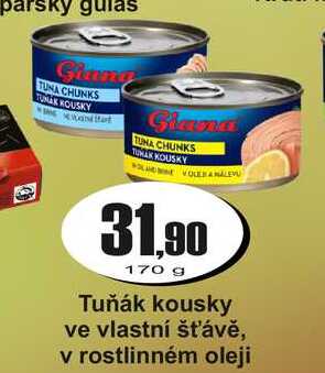 Tuňák kousky ve vlastní šťávě, v rostlinném oleji 170 g