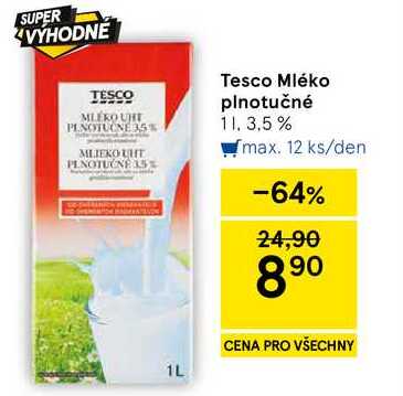Tesco Mléko plnotučné, 1 l v akci