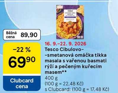 Tesco Cibulovo-smetanová omáčka tikka masala s vařenou basmati rýží a pečeným kuřecím masem, 400 g 