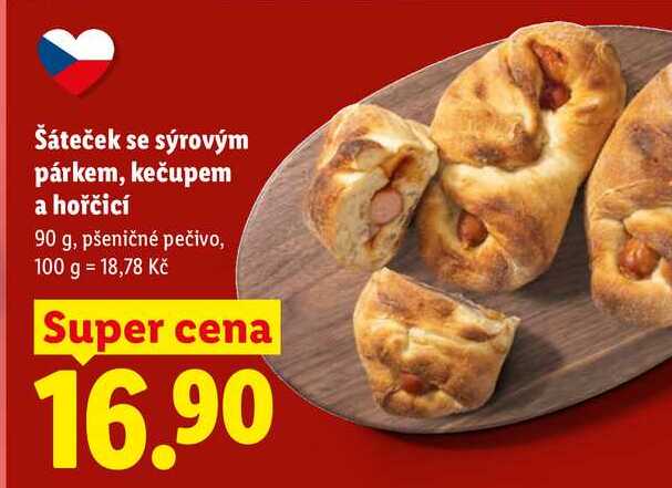 Šáteček se sýrovým párkem, kečupem a hořčicí, 90 g