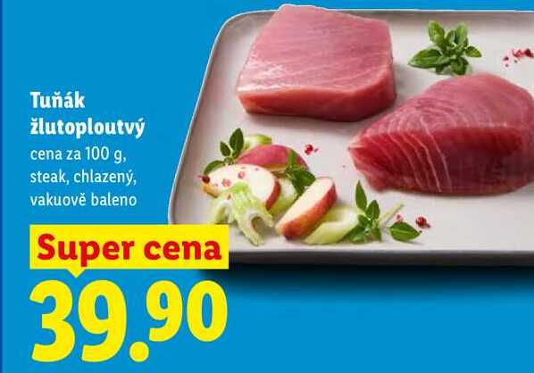 Tuňák žlutoploutvý, cena za 100 g
