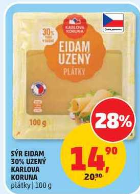 SÝR EIDAM 30% UZENÝ KARLOVA KORUNA plátky, 100 g
