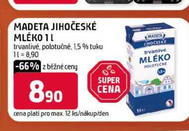 MADETA JIHOČESKÉ MLÉKO 1l trvanlivé, polotučné. 1.5% tuku