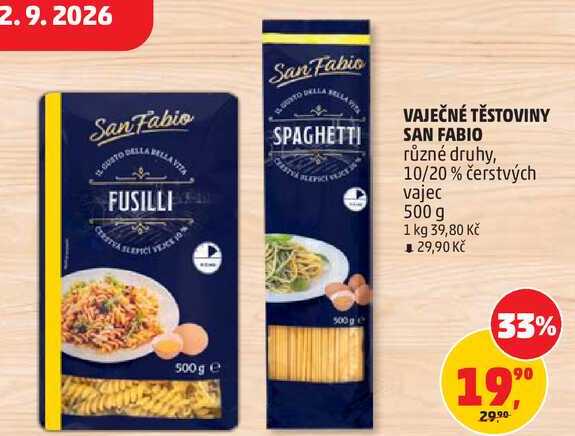 VAJEČNÉ TĚSTOVINY SAN FABIO různé druhy, 10/20% čerstvých vajec, 500 g