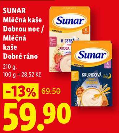 SUNAR Mléčná kaše Sunar Dobrou noc / Mléčná kaše Dobré ráno, 210 g