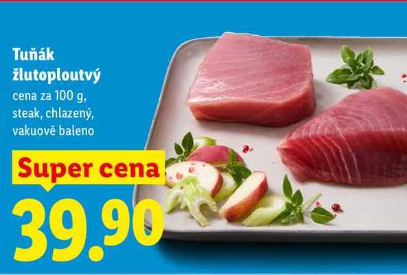 Tuňák žlutoploutvý, cena za 100 g
