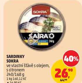 SARDINKY SOKRA ve vlastní šťávě s olejem, s citronem, 240/168 g