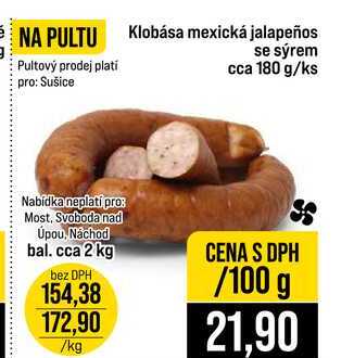 Klobása mexická jalapeños se sýrem cca 180 g 100g