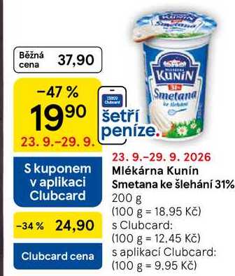 Mlékárna Kunín Smetana ke šlehání 31%, 200 g