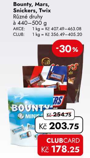 Bounty, Mars, Snickers, Twix Různé druhy à 440-500 g