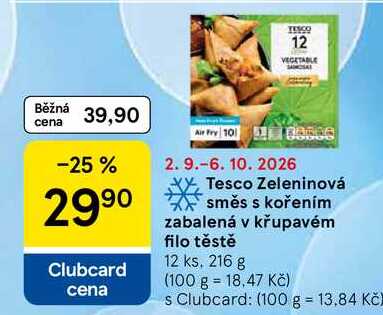 Tesco Zeleninová směs s kořením zabalená v křupavém filo těstě, 12 ks, 216 g