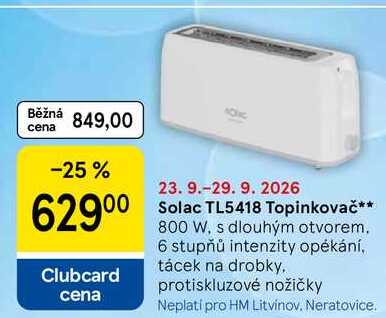 Solac TL5418 Topinkovač, 800 W, s dlouhým otvorem. 6 stupňů intenzity opékání, tácek na drobky, protiskluzové nožičky 