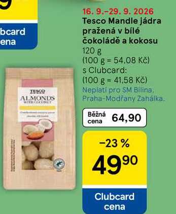 Tesco Mandle jádra pražená v bílé čokoládě a kokosu, 120 g