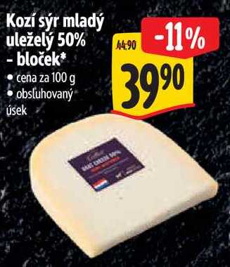 Kozí sýr mladý uleželý 50% - bloček, cena za 100 g 