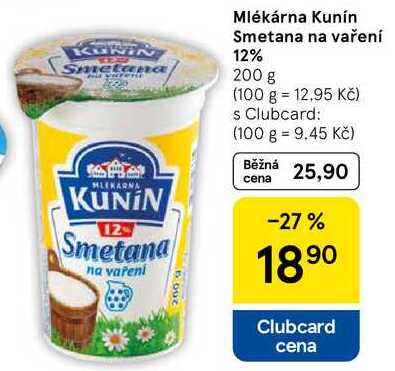 Mlékárna Kunín Smetana na vaření 12%, 200 g  