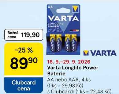 Varta Longlife Power Baterie AA nebo AAA, 4 ks
