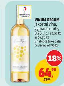 VINUM REGUM jakostní vína, vybrané druhy, 0,75 l
