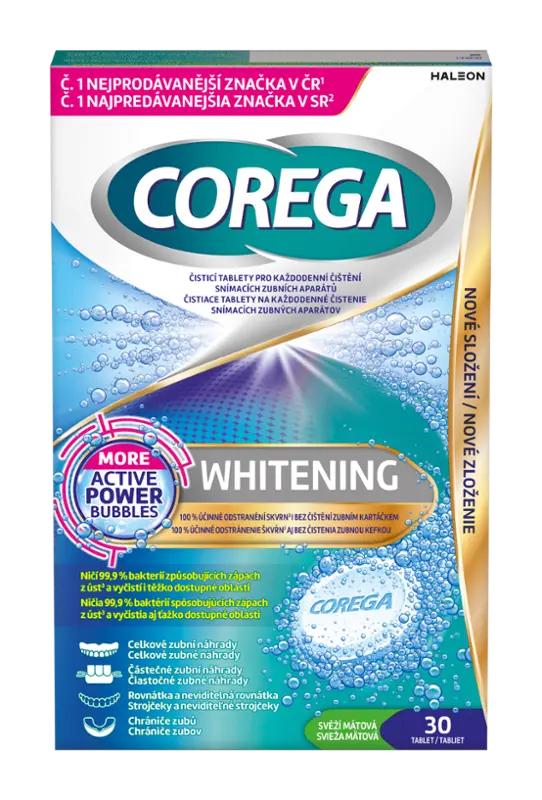 Corega Čistící tablety na zubní náhrady Whitening, 30 ks
