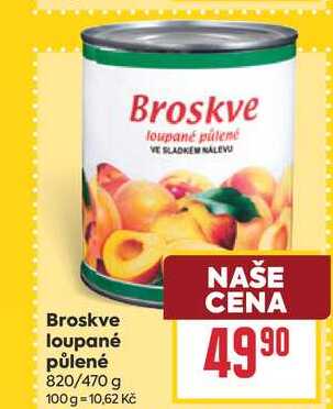 Broskve loupané půlené 820/470 g