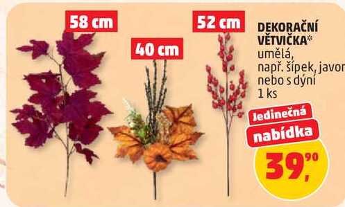 DEKORAČNÍ VĚTVIČKA umělá, např. šípek, javor nebo s dýní, 1 ks