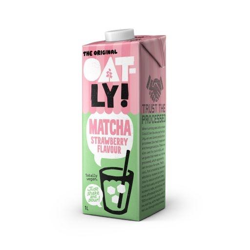 Oatly! Ovesný nápoj s matcha zeleným čajem a jahodovou příchutí, 1 l