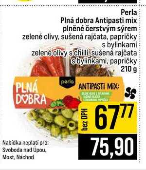 Perla Plná dobra Antipasti mix plněné čerstvým sýrem zelené olivy, sušená rajčata, papričky s bylinkami zelené olivy s chilli, sušená rajčata sbylinkami, papričky 210 g