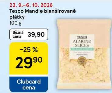 Tesco Mandle blanšírované plátky, 100 g