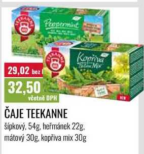 ČAJE TEEKANNE, šípkový. 54g, heřmánek 22g. mátový 30g, kopřiva mix 30g 