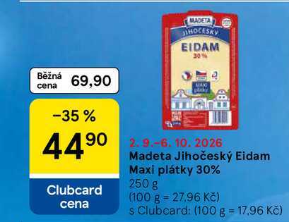 Madeta Jihočeský Eidam Maxi plátky 30%, 250 g  