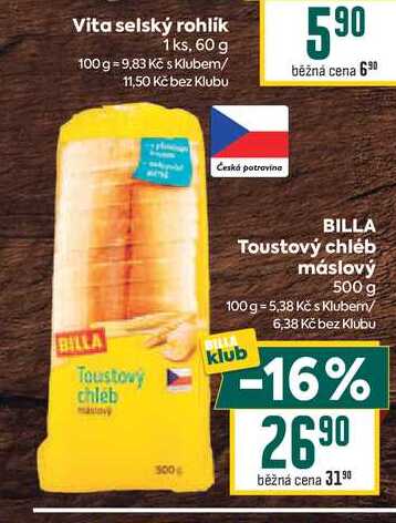 BILLA Toustový chléb máslový 500 g