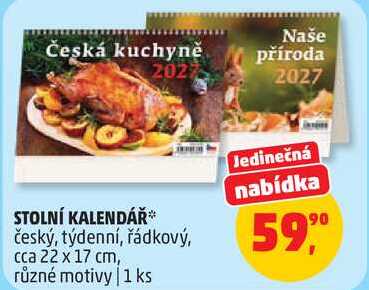 STOLNÍ KALENDÁŘ český, týdenní, řádkový, cca 22 x 17 cm, různé motivy, 1 ks