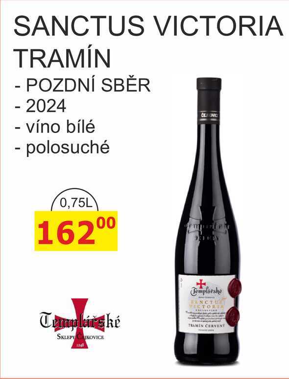 Templářské sklepy 0,75l SANCTUS VICTORIA TRAMÍN, POZDNÍ SBĚR - 2024, víno bílé - polosuché