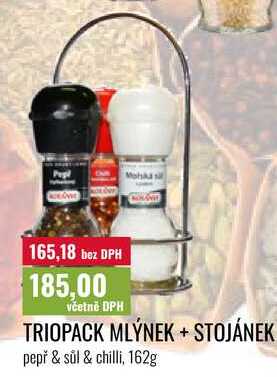 TRIOPACK MLÝNEK + STOJÁNEK, pepř & sůl & chilli, 162g 