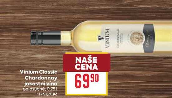 Vinium Classic Chardonnay jakostní víno polosuché, 0,75l