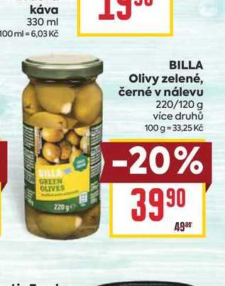BILLA Olivy zelené, černé v nálevu 220/120 g 