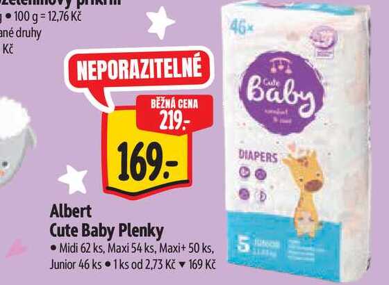 Albert Cute Baby Plenky Midi 62 ks, Maxi 54 ks, Maxi+ 50 ks, Junior 46 ks