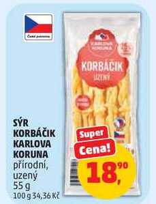 SÝR KORBÁČIK KARLOVA KORUNA přírodní, uzený, 55 g