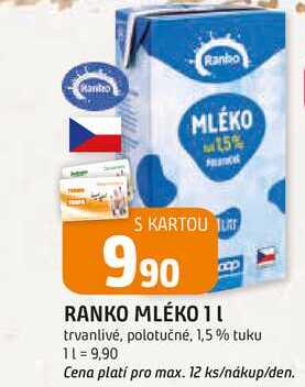 RANKO MLÉKO 1l trvanlivé, polotučné, 1,5% tuku