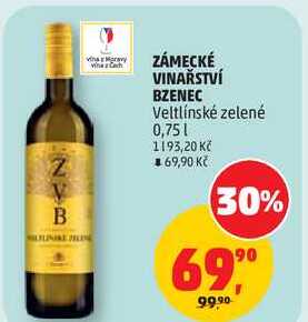 ZÁMECKÉ VINAŘSTVÍ BZENEC Veltlínské zelené, 0,75 l