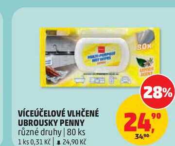 VÍCEÚČELOVÉ VLHČENÉ UBROUSKY PENNY různé druhy, 80 ks