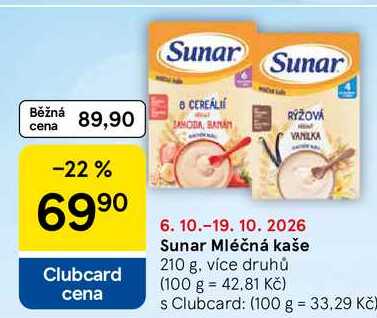 Sunar Mléčná kaše, 210 g, více druhů
