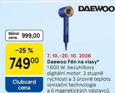 Daewoo Fén na vlasy, 1600 W, bezuhlíkový digitální motor, 3 stupně rychlosti a 3 úrovně teploty. ionizační technologie a 5 magnetických nástavců