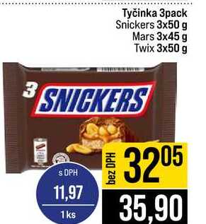 Tyčinka 3pack Snickers 3x50 g Mars 3x45 g Twix 3x50 g 